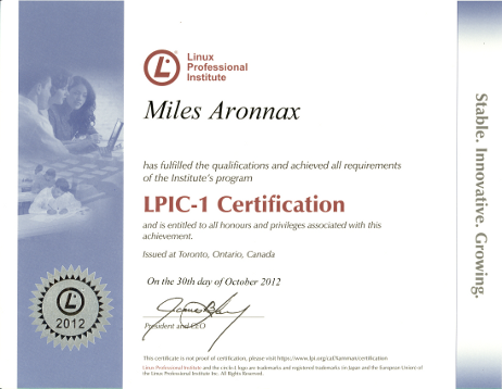 LPI Certificate (Level One) for Miles Vincent Aronnax